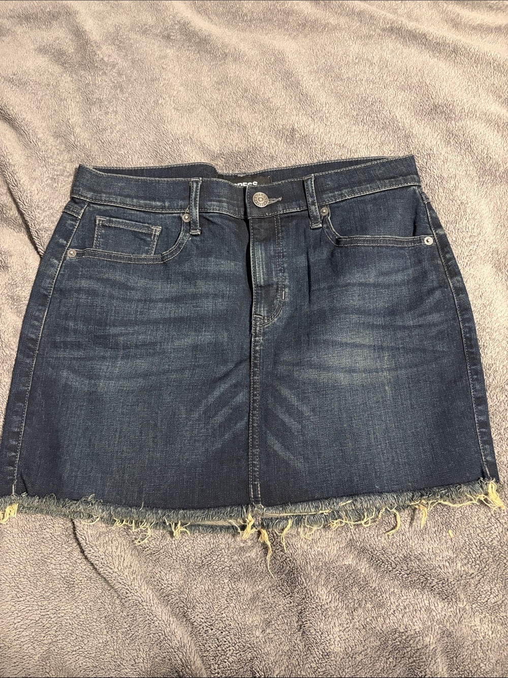 Express Dark Wash Denim Mini Skirt with Frayed Hem